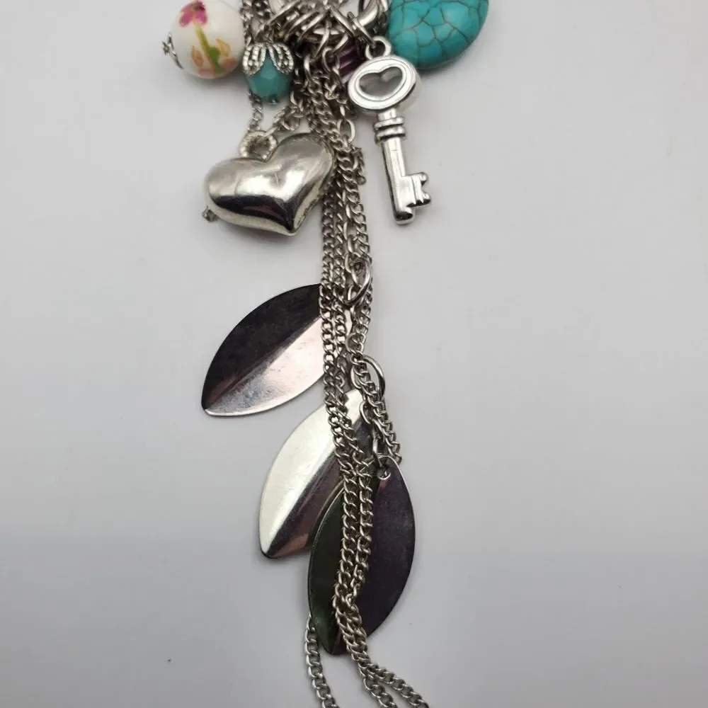 Boho feather closionne key and heart charm necklace‎ N0424